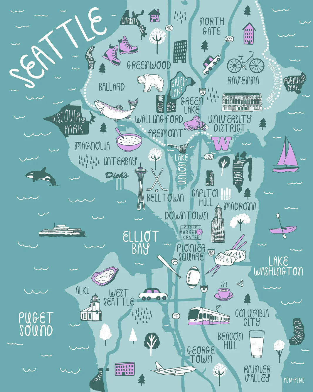 Illustration of Seattle with comical regional stereotypes